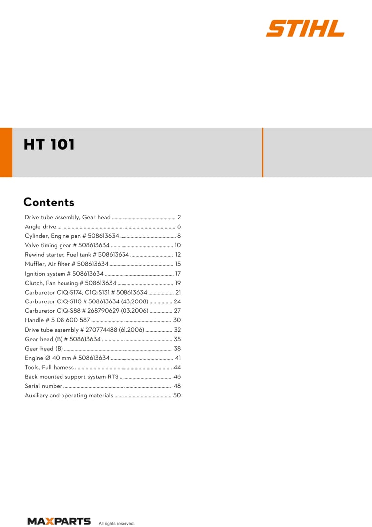 Cover of the STIHL HT 101 illustrated parts catalogue PDF, showing the model name and contents.