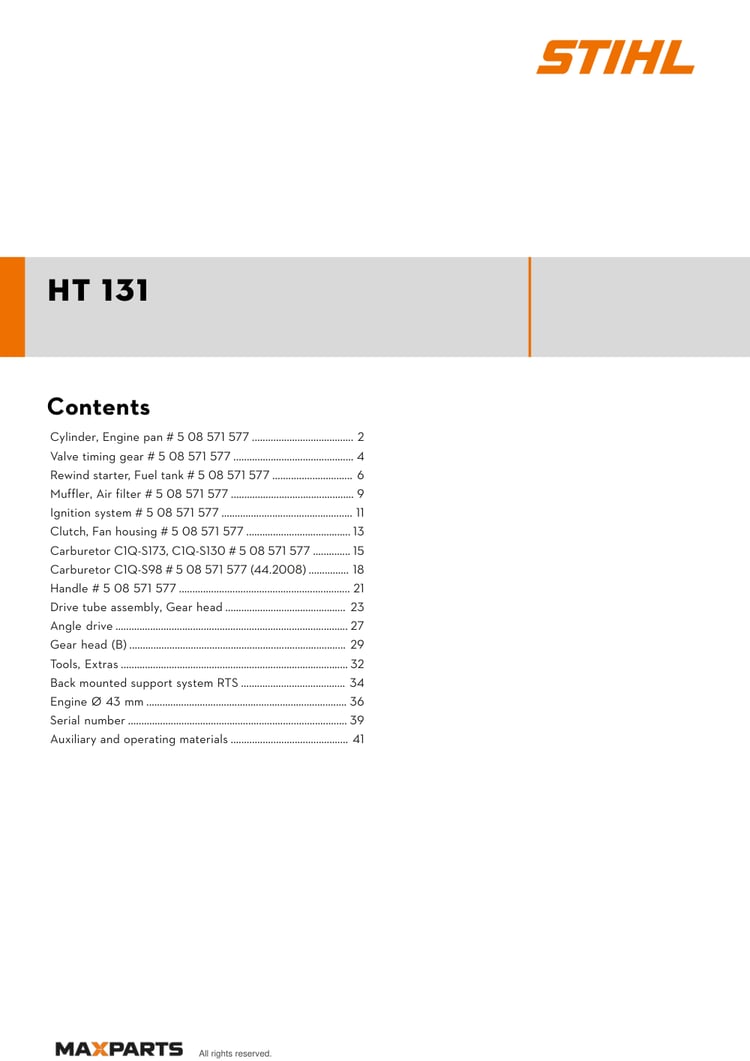 Cover of the STIHL HT 131 illustrated parts catalogue PDF, showing the model name and contents.