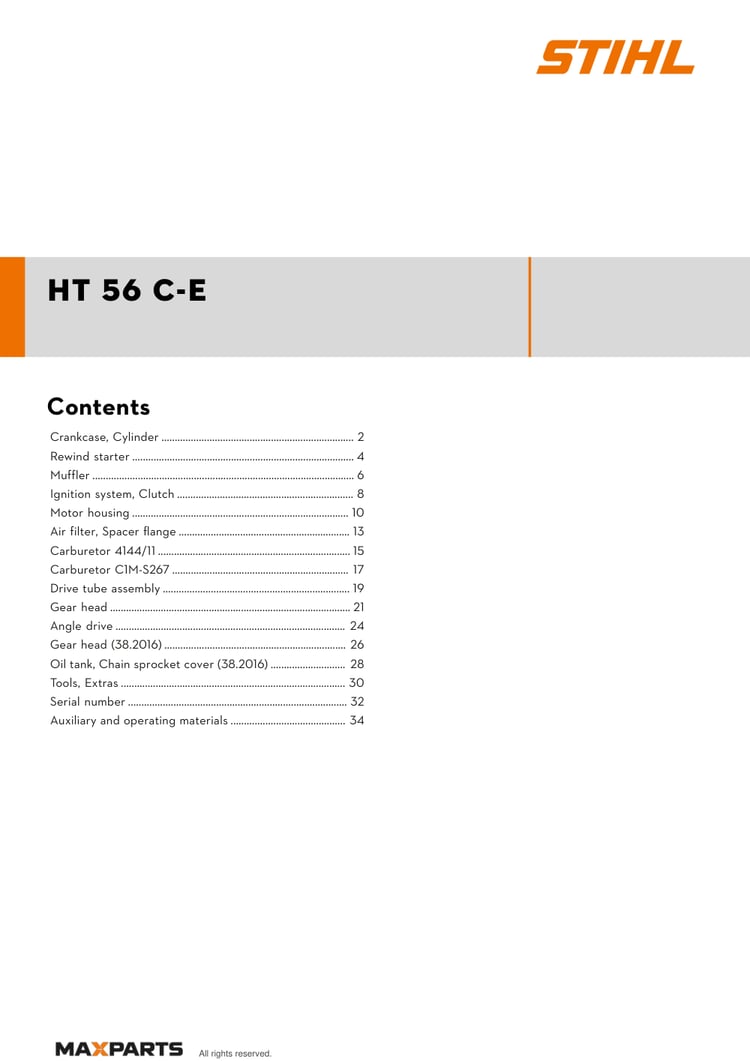 Cover of the STIHL HT 56 C-E illustrated parts catalogue PDF, showing the model name and contents.