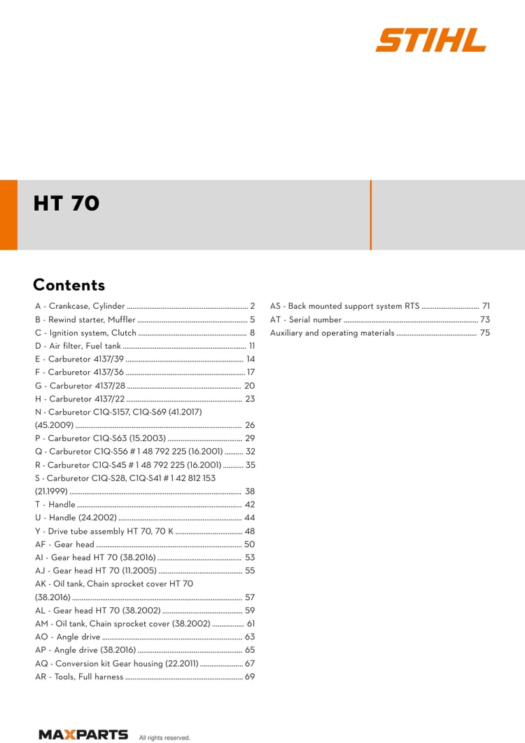 Cover of the STIHL HT 70 illustrated parts catalogue PDF, showing the model name and contents.