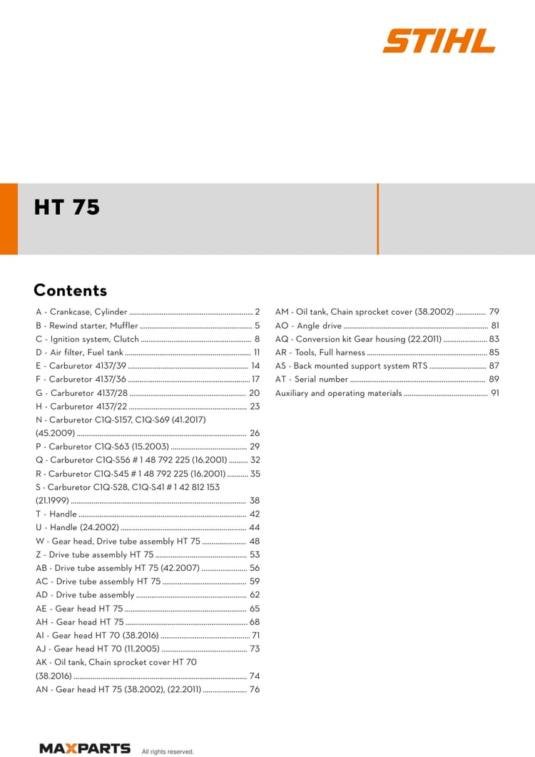 Cover of the STIHL HT 75 illustrated parts catalogue PDF, showing the model name and contents.