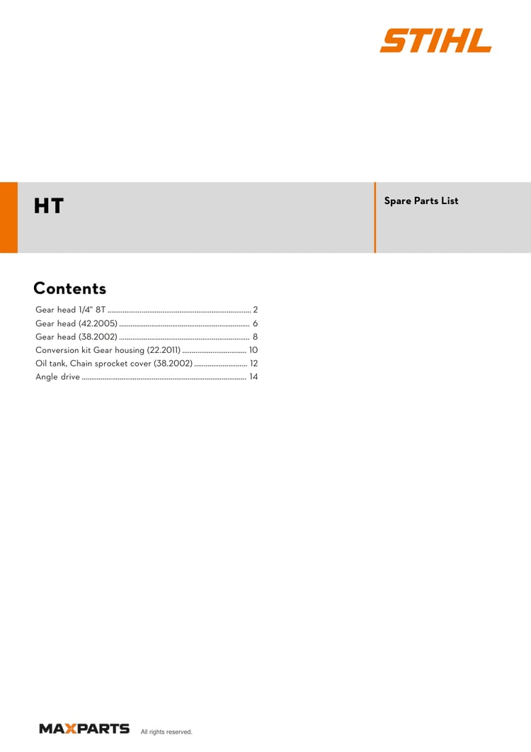 Cover of the STIHL HT illustrated parts catalogue PDF, showing the model name and contents.