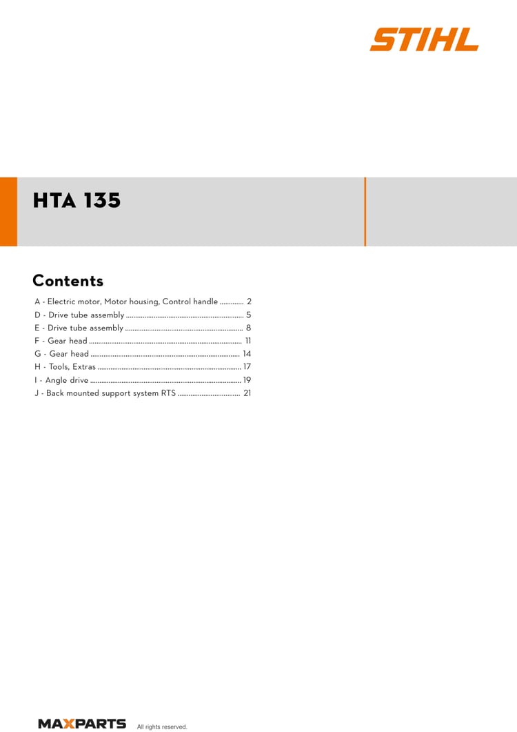 Cover of the STIHL HTA 135 illustrated parts catalogue PDF, showing the model name and contents.