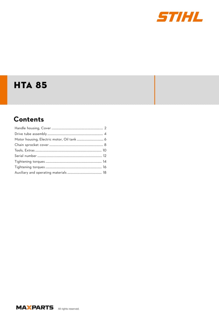 Cover of the STIHL HTA 85 illustrated parts catalogue PDF, showing the model name and contents.