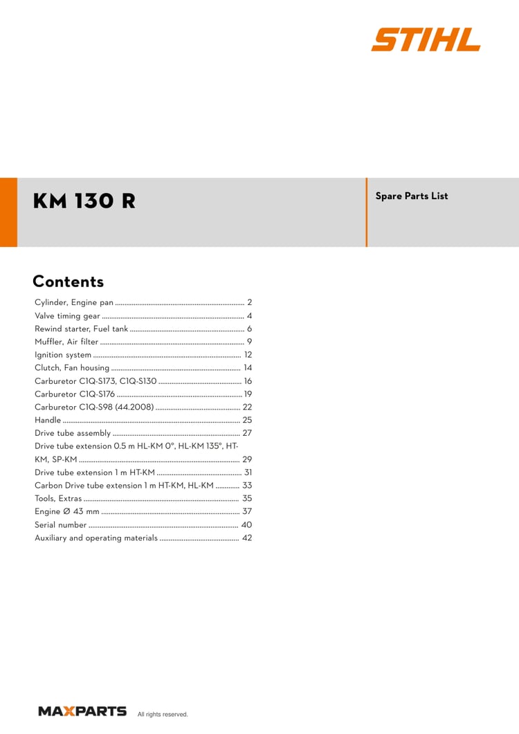 Cover of the STIHL KM 130 R illustrated parts catalogue PDF, showing the model name and contents.