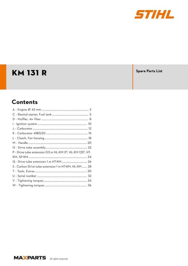 Cover of the STIHL KM 131 R illustrated parts catalogue PDF, showing the model name and contents.