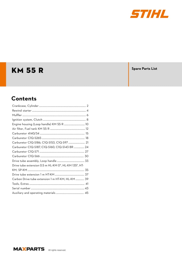 Cover of the STIHL KM 55 R illustrated parts catalogue PDF, showing the model name and contents.
