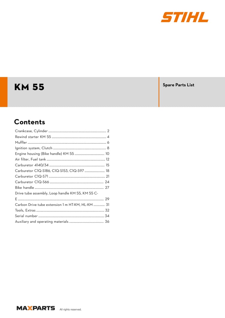 Cover of the STIHL KM 55 illustrated parts catalogue PDF, showing the model name and contents.