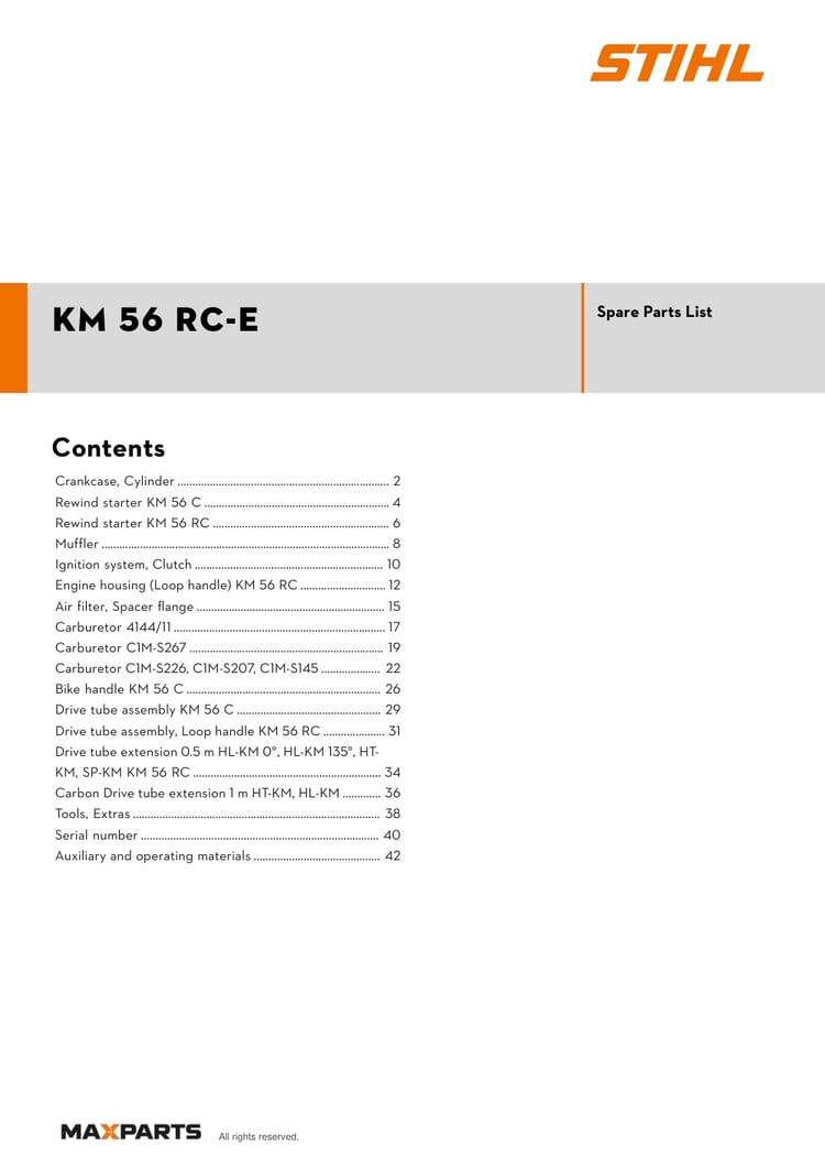 Cover of the STIHL KM 56 RC-E illustrated parts catalogue PDF, showing the model name and contents.