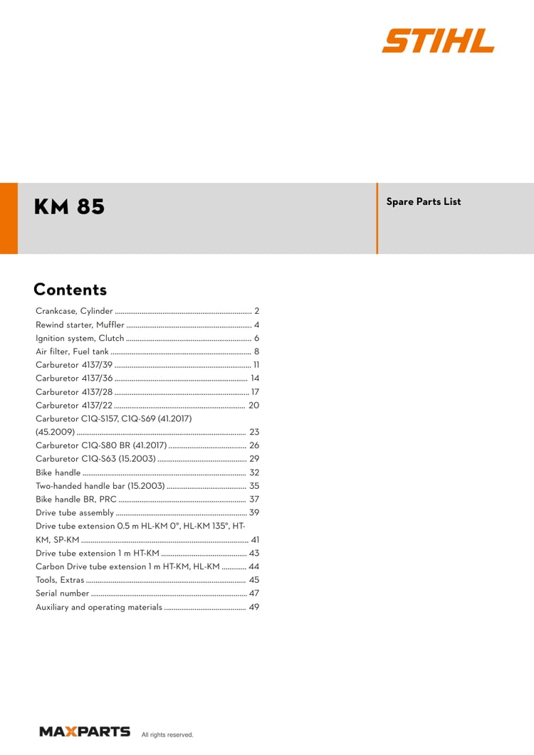 Cover of the STIHL KM 85 illustrated parts catalogue PDF, showing the model name and contents.