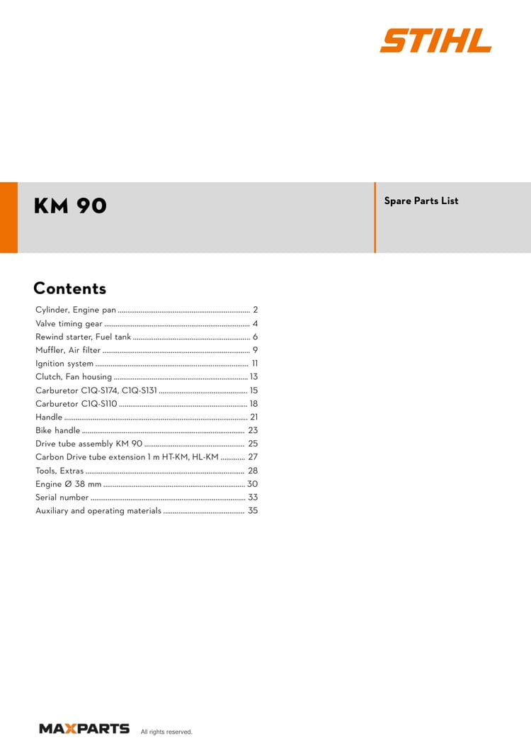 Cover of the STIHL KM 90 illustrated parts catalogue PDF, showing the model name and contents.