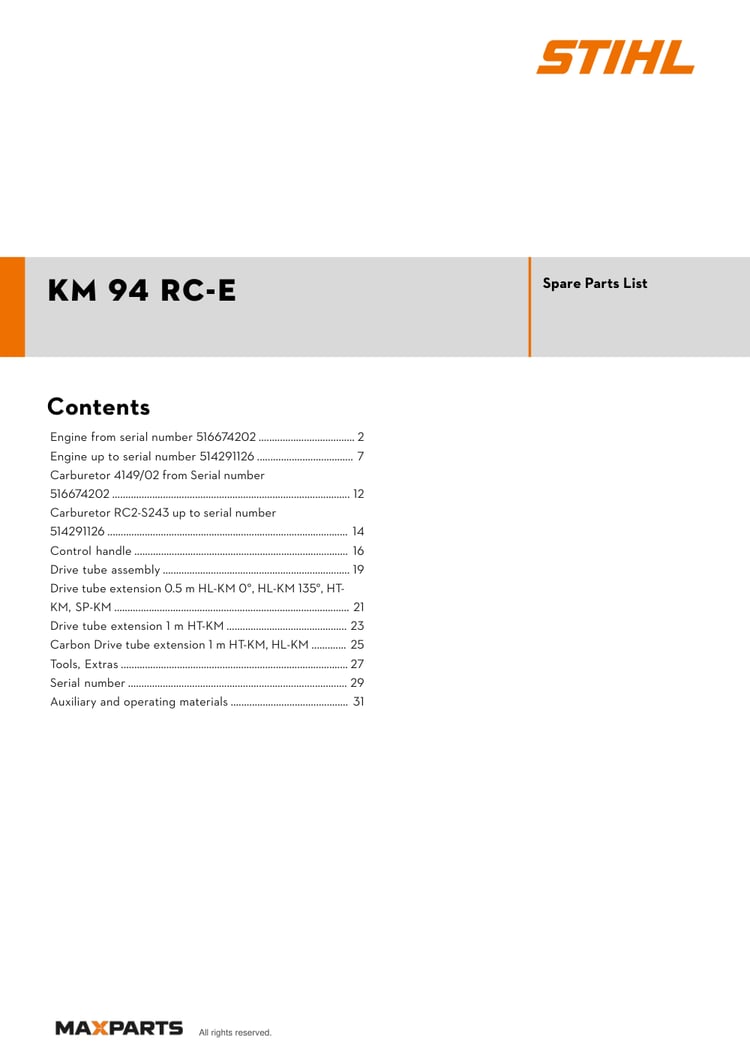 Cover of the STIHL KM 94 RC-E illustrated parts catalogue PDF, showing the model name and contents.