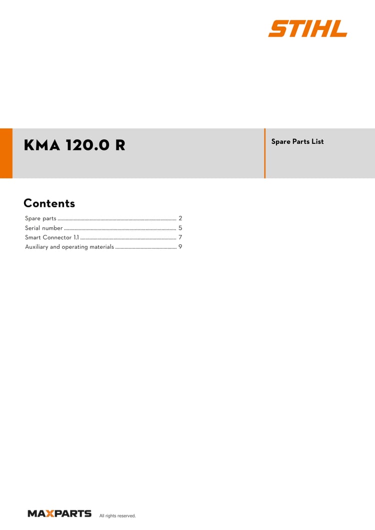 Cover of the STIHL KMA 120.0 R illustrated parts catalogue PDF, showing the model name and contents.