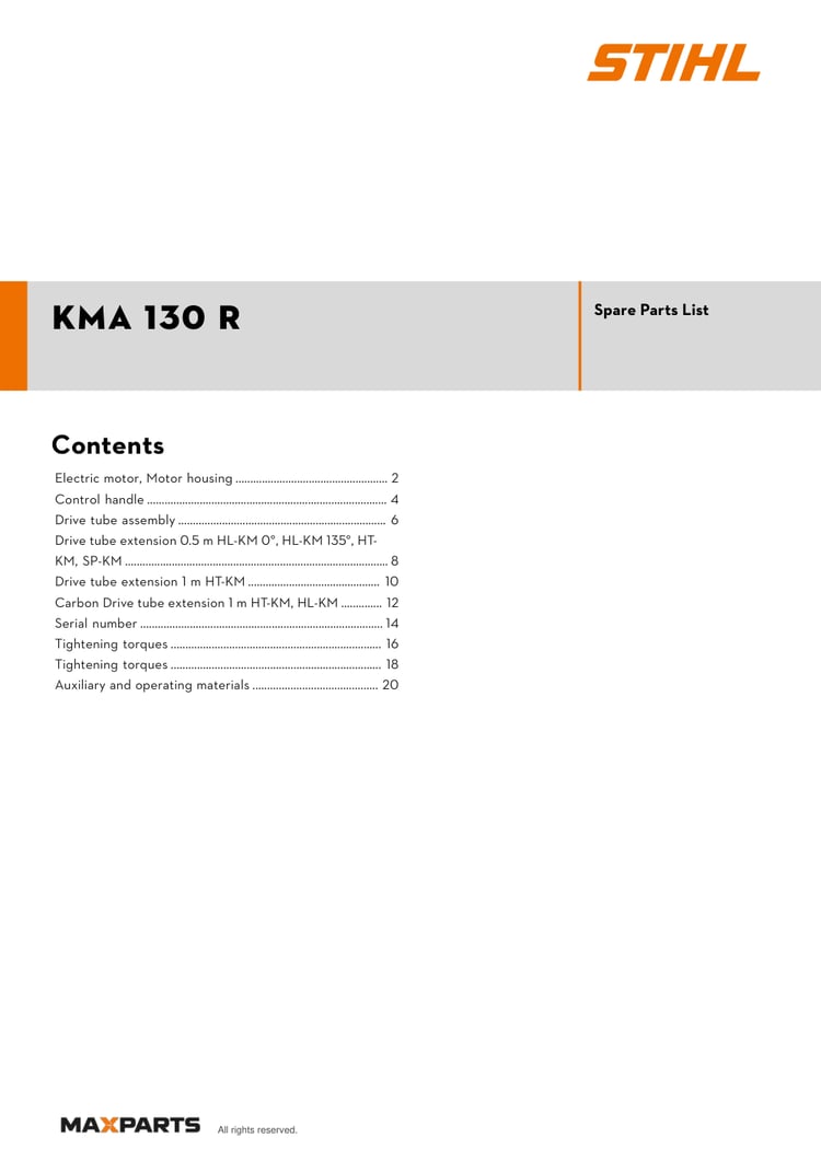 Cover of the STIHL KMA 130 R illustrated parts catalogue PDF, showing the model name and contents.
