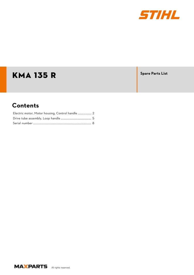 Cover of the STIHL KMA 135 R illustrated parts catalogue PDF, showing the model name and contents.