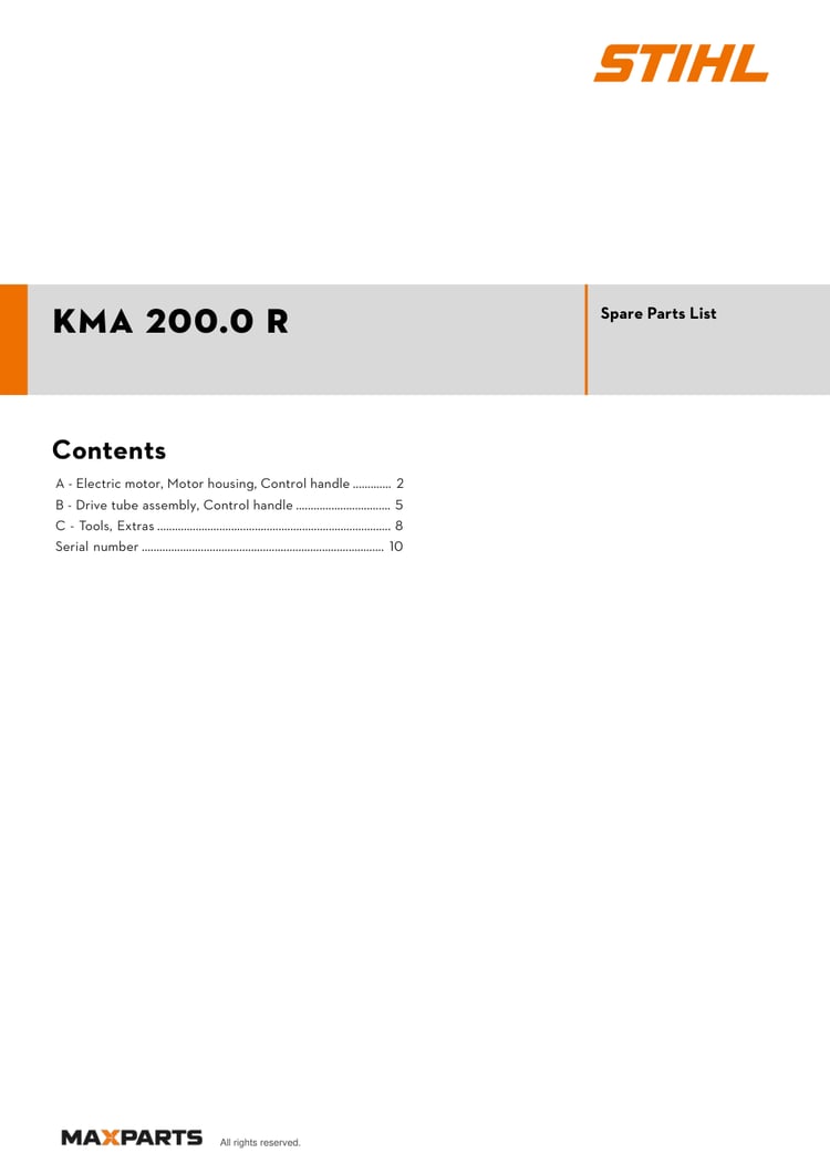 Cover of the STIHL KMA 200.0 R illustrated parts catalogue PDF, showing the model name and contents.