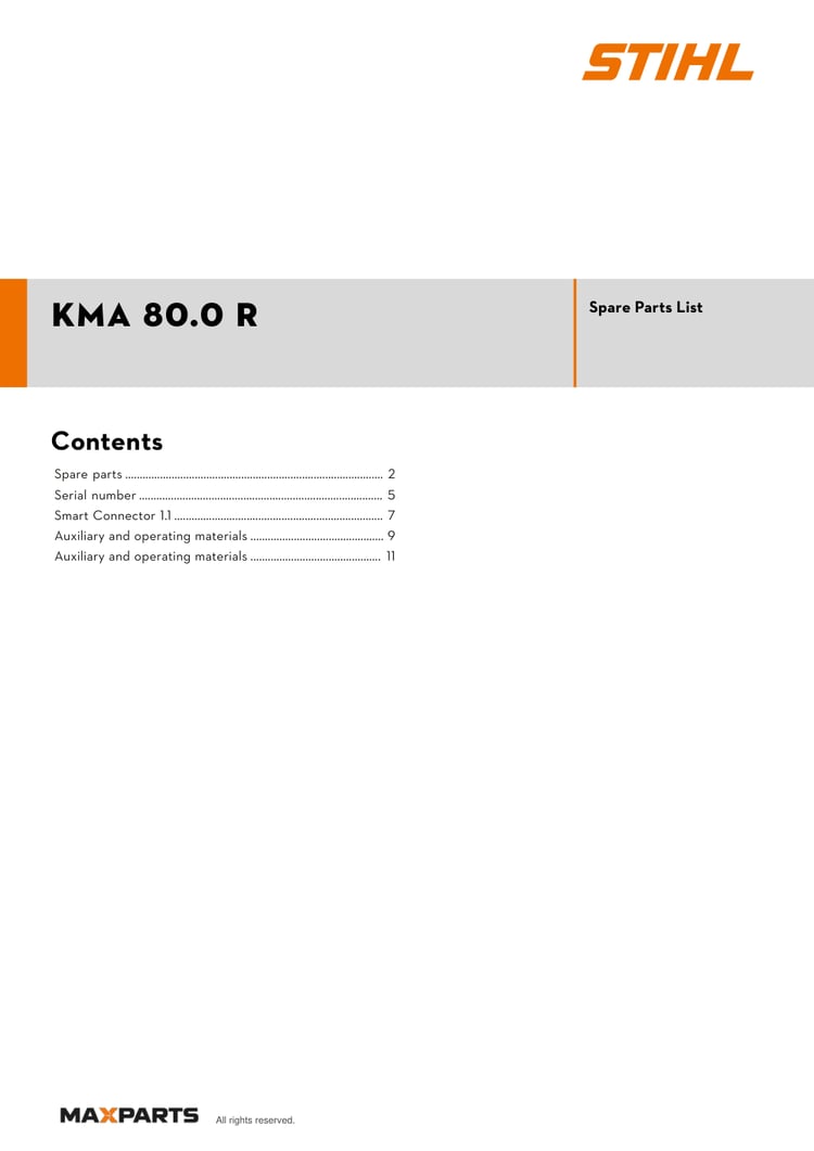 Cover of the STIHL KMA 80.0 R illustrated parts catalogue PDF, showing the model name and contents.