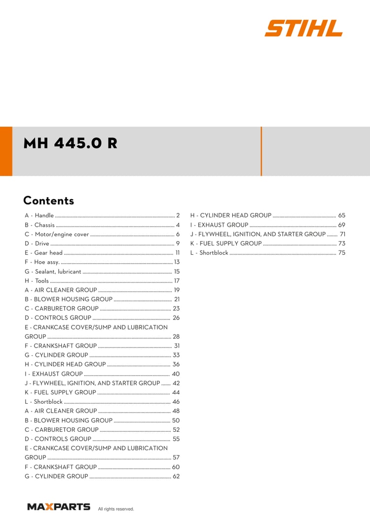 Cover of the STIHL MH 445.0 R illustrated parts catalogue PDF, showing the model name and contents.