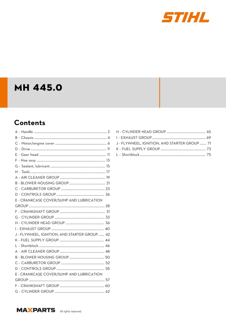 Cover of the STIHL MH 445.0 illustrated parts catalogue PDF, showing the model name and contents.