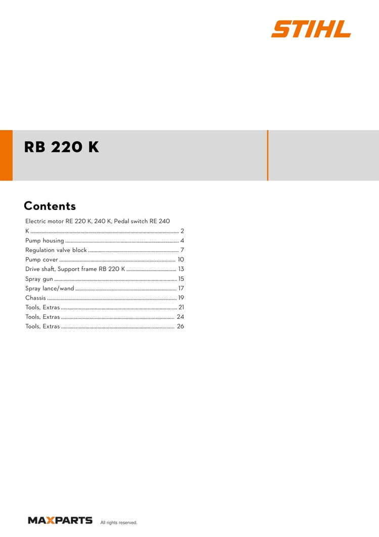 Cover of the STIHL RB 220 K (ID 47180124506) illustrated parts catalogue PDF, showing the model name and contents.