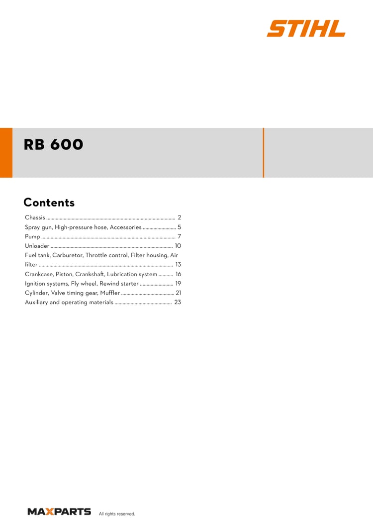 Cover of the STIHL RB 600 illustrated parts catalogue PDF, showing the model name and contents.