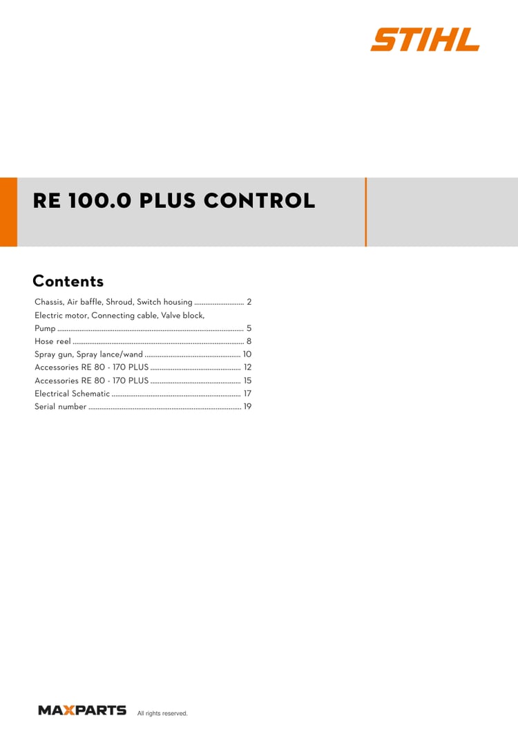 Cover of the STIHL RE 100.0 PLUS CONTROL illustrated parts catalogue PDF, showing the model name and contents.