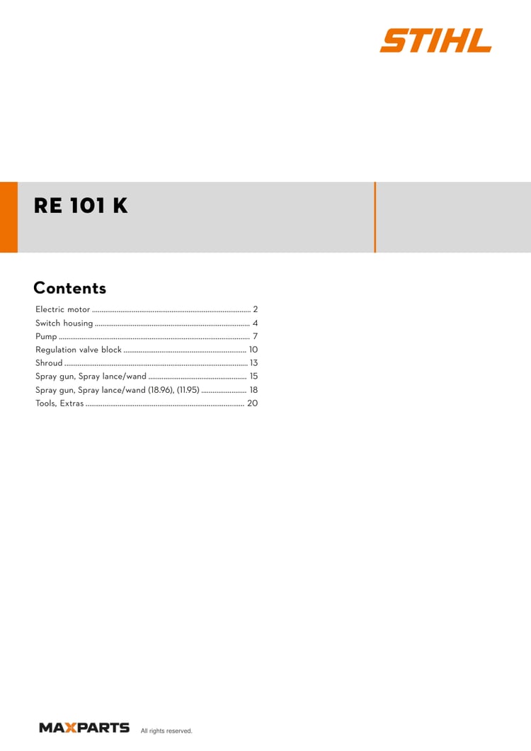 Cover of the STIHL RE 101 K (ID 47210114525) illustrated parts catalogue PDF, showing the model name and contents.