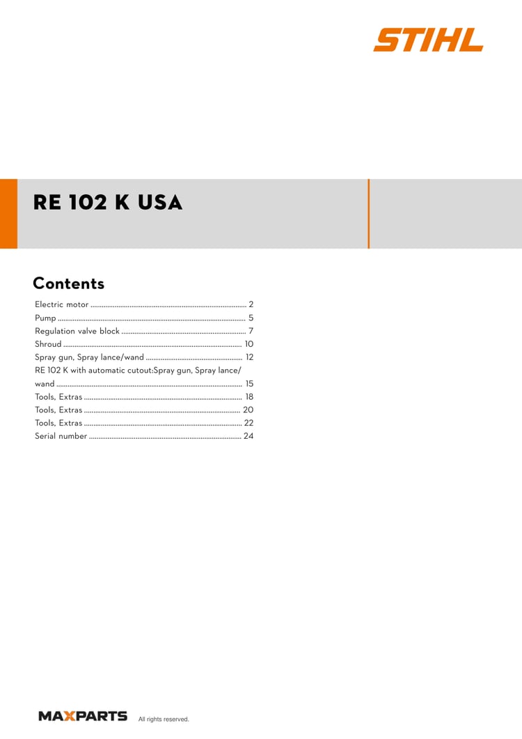 Cover of the STIHL RE 102 K USA illustrated parts catalogue PDF, showing the model name and contents.