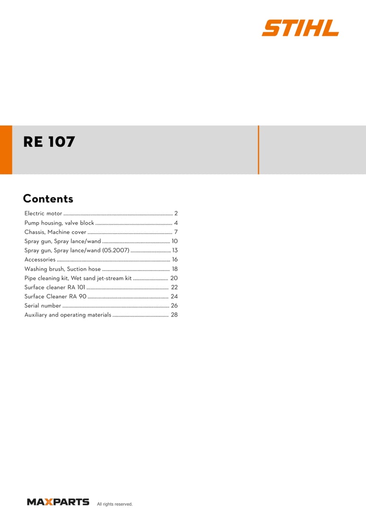 Cover of the STIHL RE 107 illustrated parts catalogue PDF, showing the model name and contents.