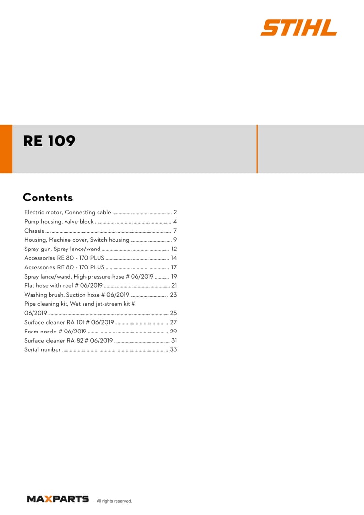 Cover of the STIHL RE 109 illustrated parts catalogue PDF, showing the model name and contents.