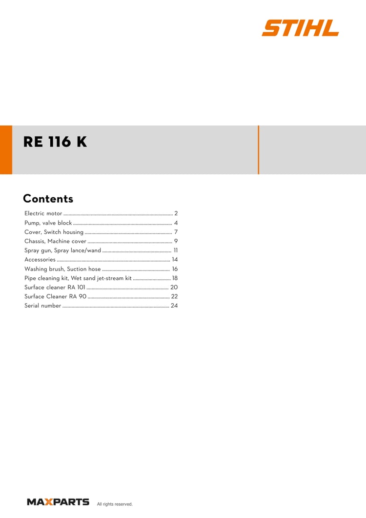 Cover of the STIHL RE 116 K illustrated parts catalogue PDF, showing the model name and contents.