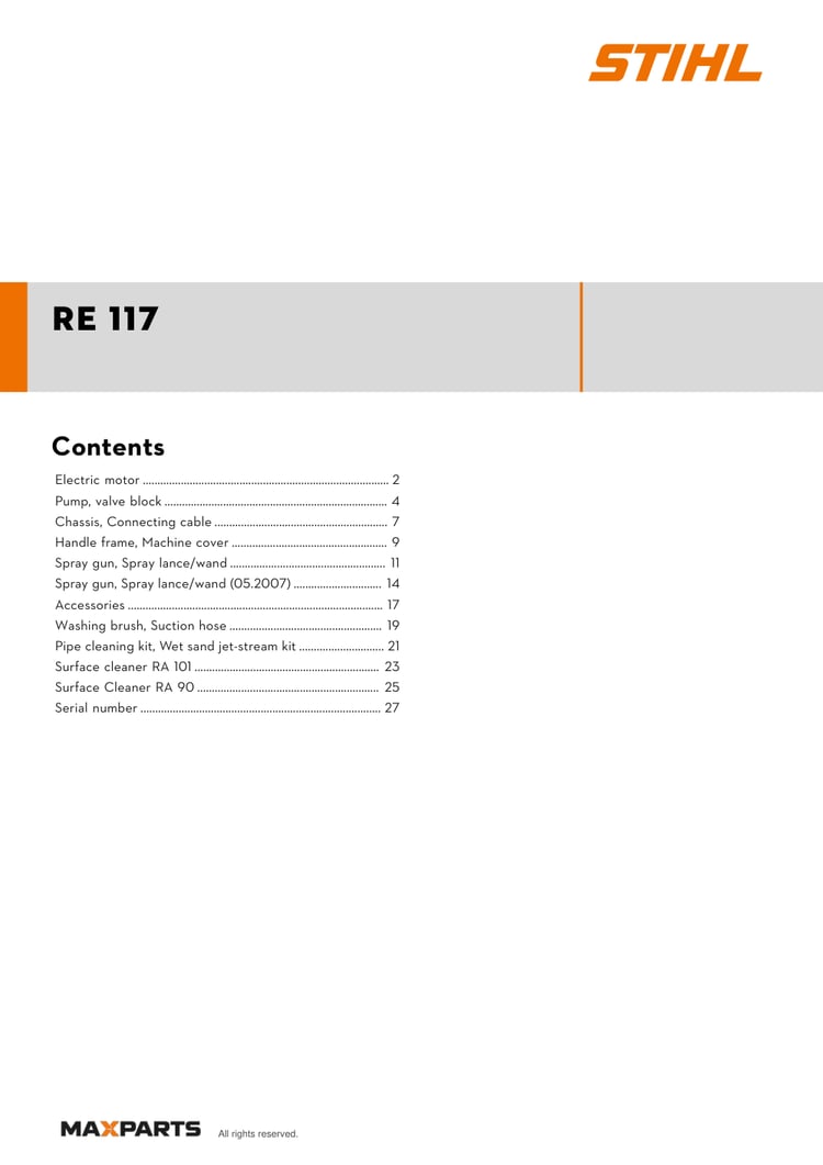Cover of the STIHL RE 117 illustrated parts catalogue PDF, showing the model name and contents.