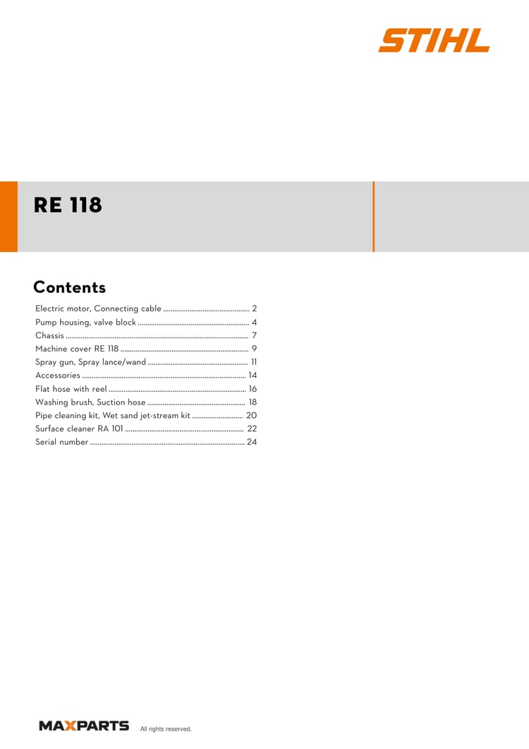 Cover of the STIHL RE 118 illustrated parts catalogue PDF, showing the model name and contents.