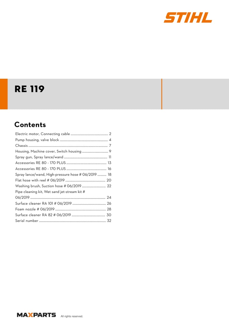 Cover of the STIHL RE 119 illustrated parts catalogue PDF, showing the model name and contents.