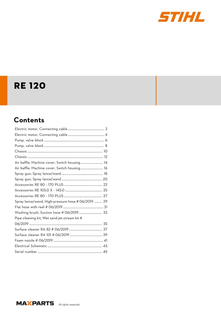 Cover of the STIHL RE 120 illustrated parts catalogue PDF, showing the model name and contents.
