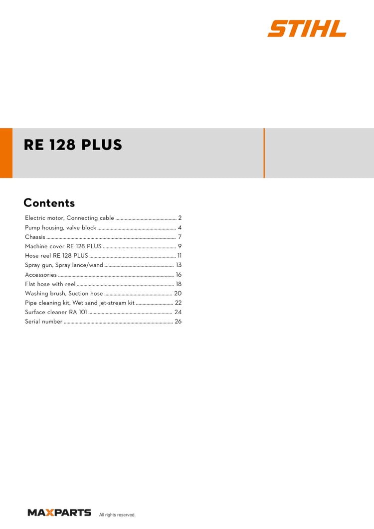 Cover of the STIHL RE 128 PLUS illustrated parts catalogue PDF, showing the model name and contents.