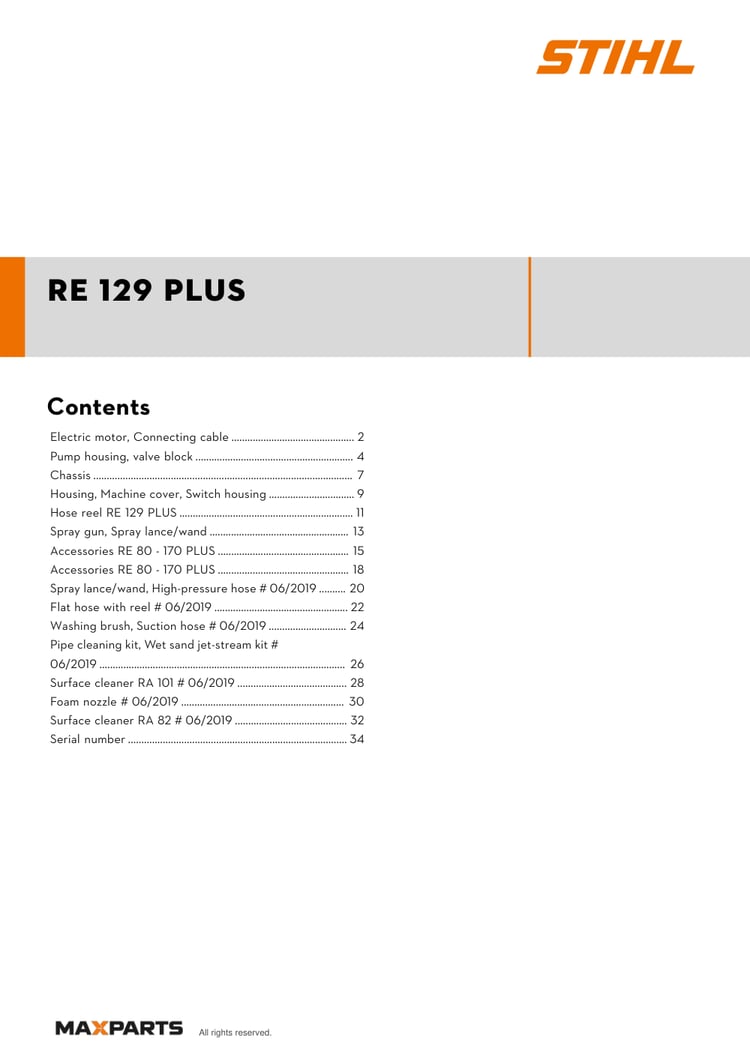 Cover of the STIHL RE 129 PLUS illustrated parts catalogue PDF, showing the model name and contents.