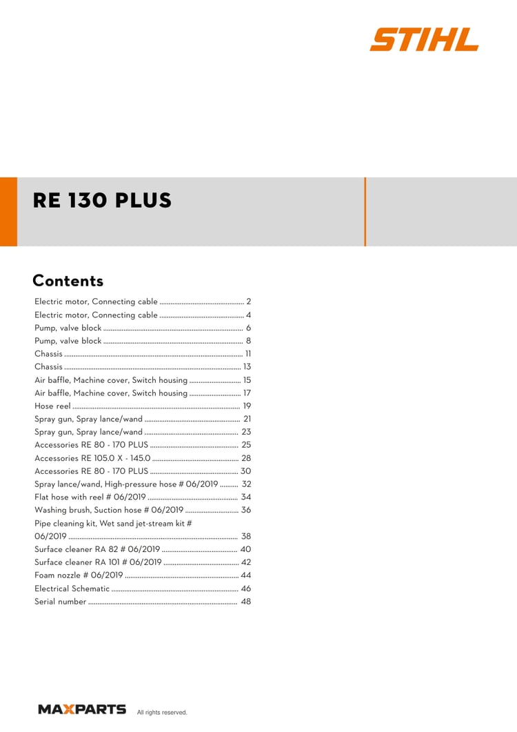 Cover of the STIHL RE 130 PLUS illustrated parts catalogue PDF, showing the model name and contents.