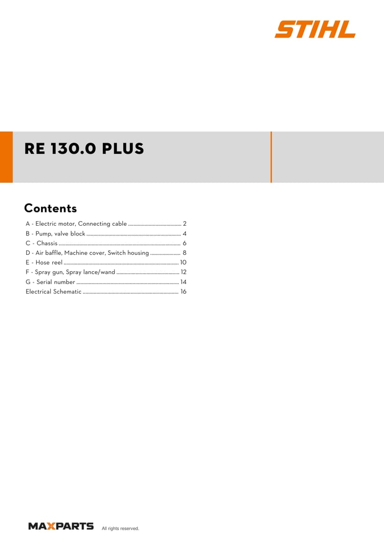 Cover of the STIHL RE 130.0 PLUS illustrated parts catalogue PDF, showing the model name and contents.