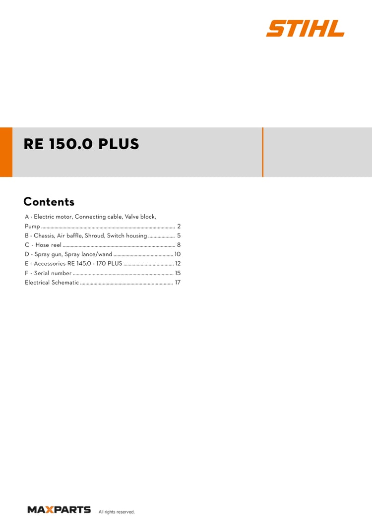 Cover of the STIHL RE 150.0 PLUS illustrated parts catalogue PDF, showing the model name and contents.