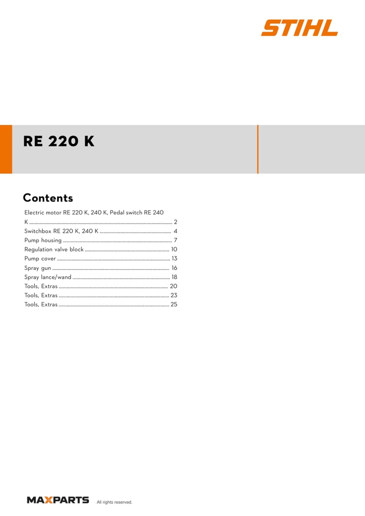 Cover of the STIHL RE 220 K illustrated parts catalogue PDF, showing the model name and contents.