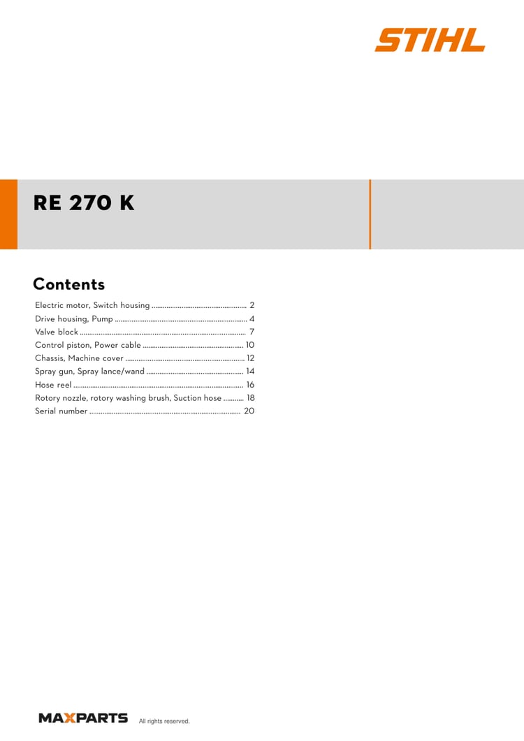 Cover of the STIHL RE 270 K illustrated parts catalogue PDF, showing the model name and contents.