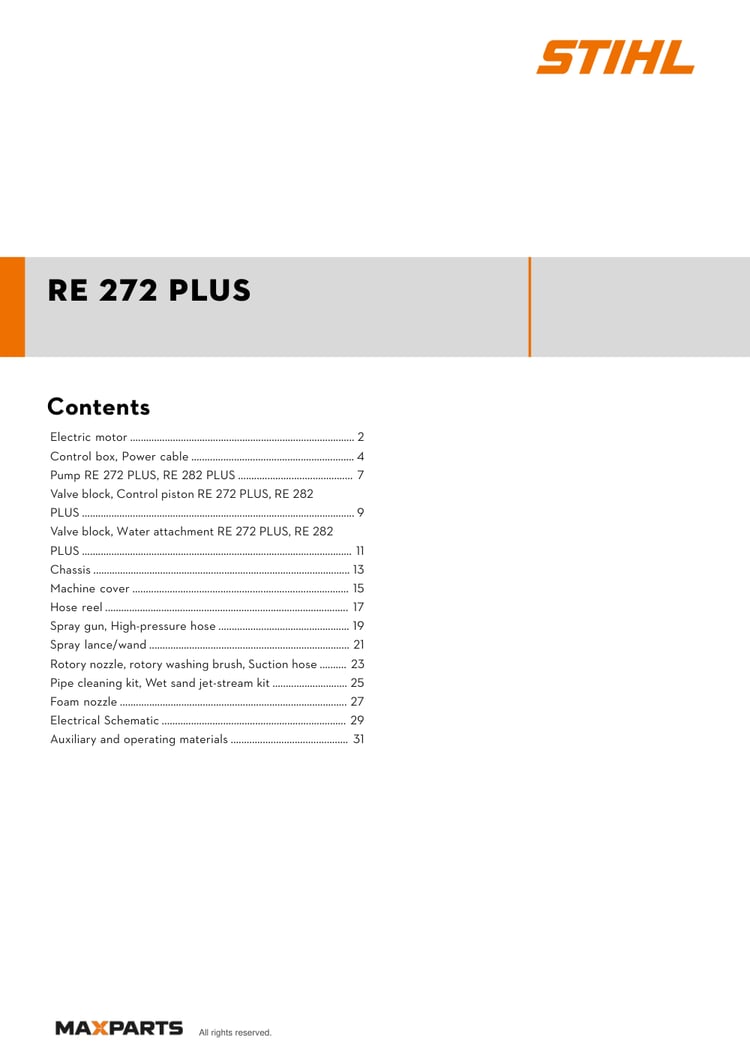 Cover of the STIHL RE 272 PLUS illustrated parts catalogue PDF, showing the model name and contents.