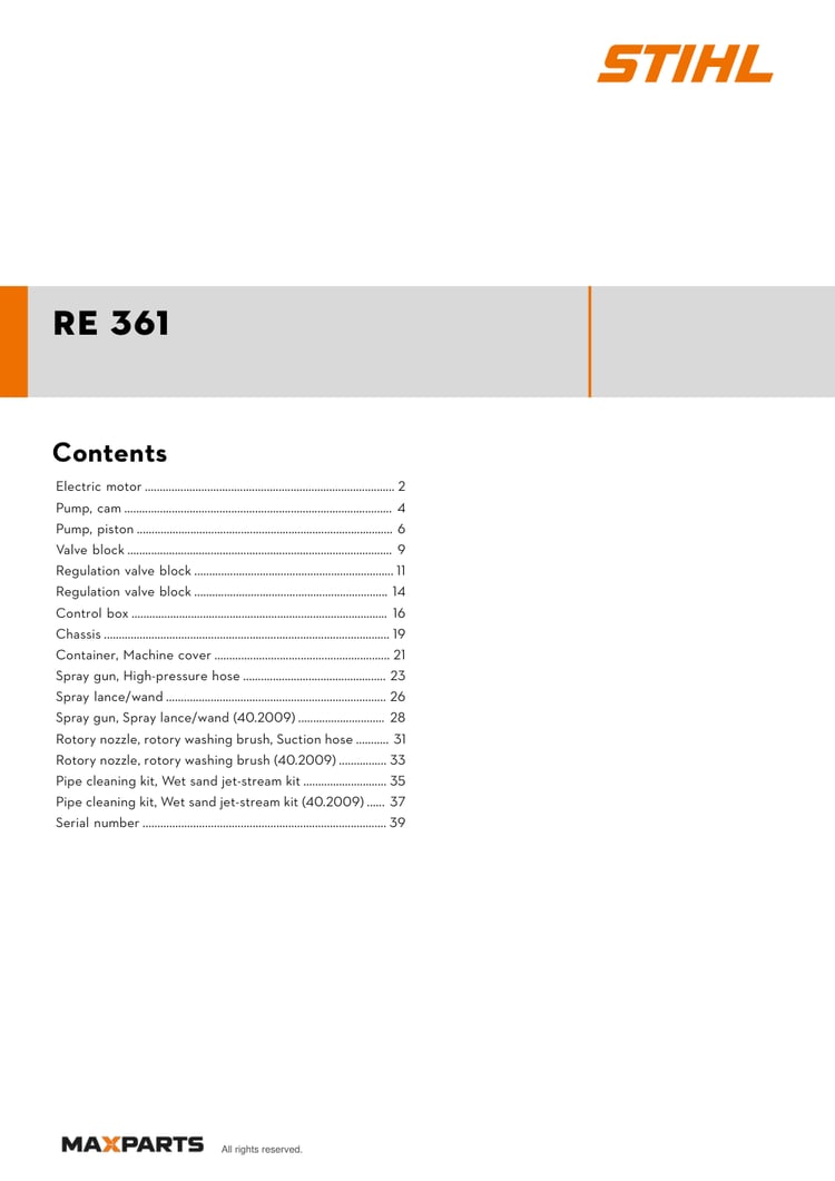 Cover of the STIHL RE 361 illustrated parts catalogue PDF, showing the model name and contents.