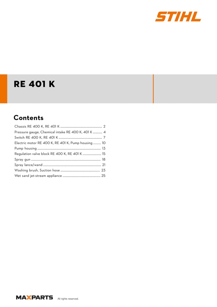 Cover of the STIHL RE 401 K illustrated parts catalogue PDF, showing the model name and contents.