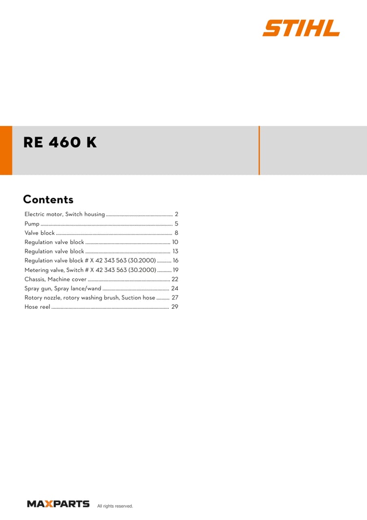 Cover of the STIHL RE 460 K illustrated parts catalogue PDF, showing the model name and contents.