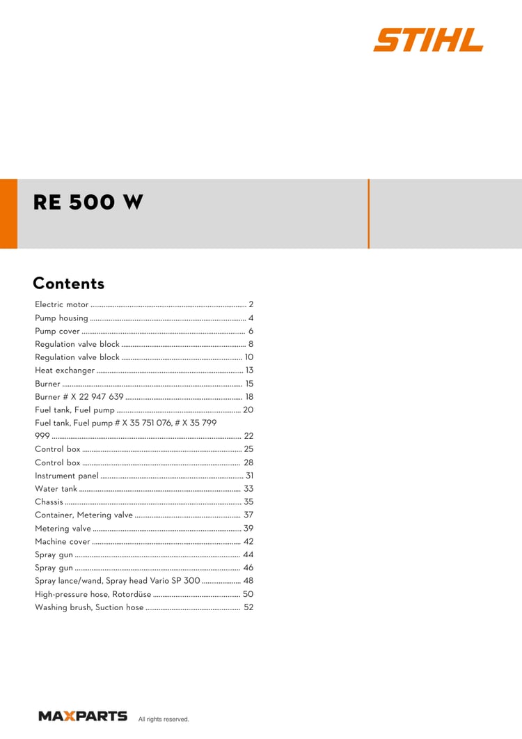 Cover of the STIHL RE 500 W (ID 47240114512) illustrated parts catalogue PDF, showing the model name and contents.