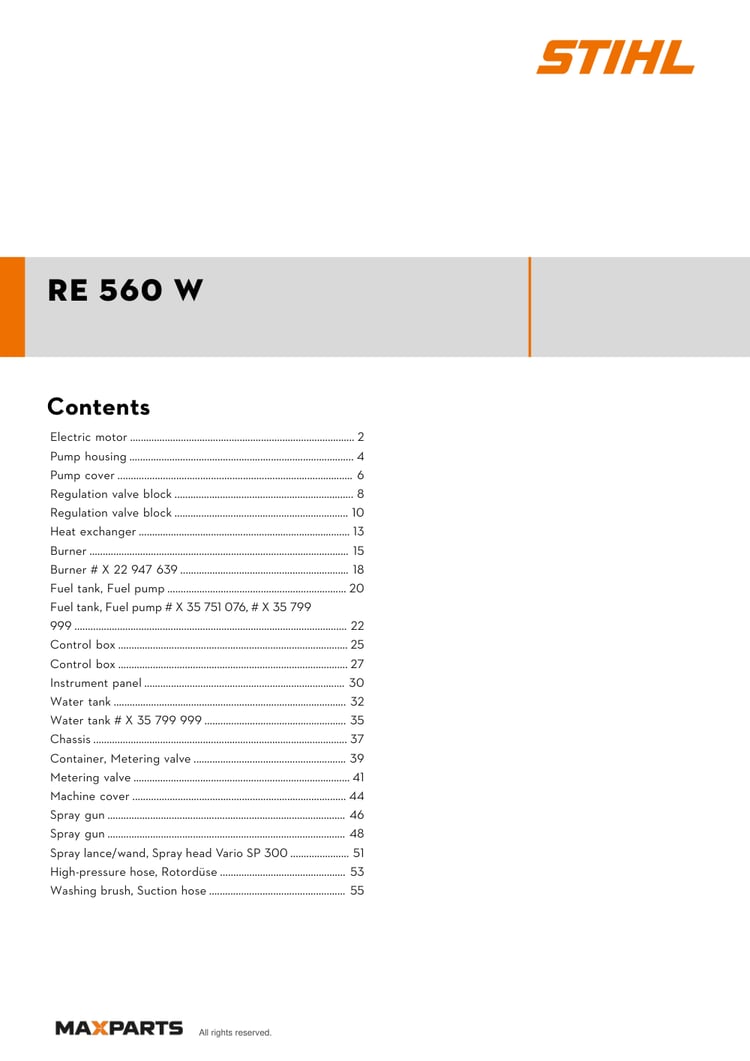 Cover of the STIHL RE 560 W (ID 47240114582) illustrated parts catalogue PDF, showing the model name and contents.
