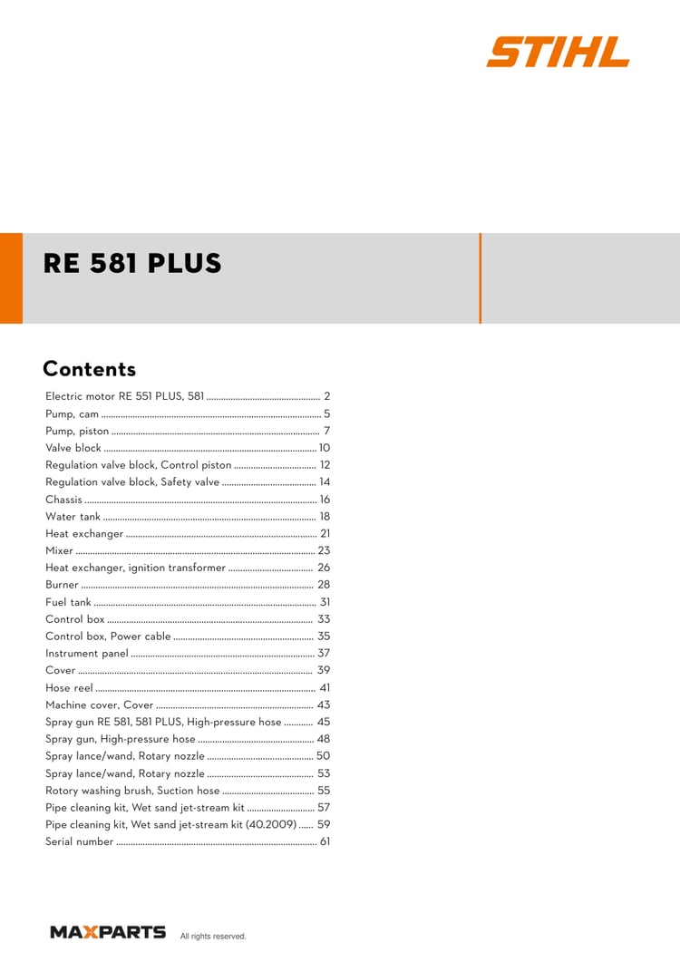 Cover of the STIHL RE 581 PLUS illustrated parts catalogue PDF, showing the model name and contents.
