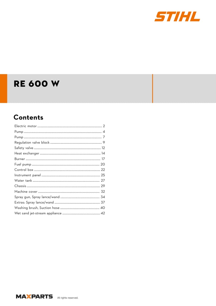 Cover of the STIHL RE 600 W illustrated parts catalogue PDF, showing the model name and contents.